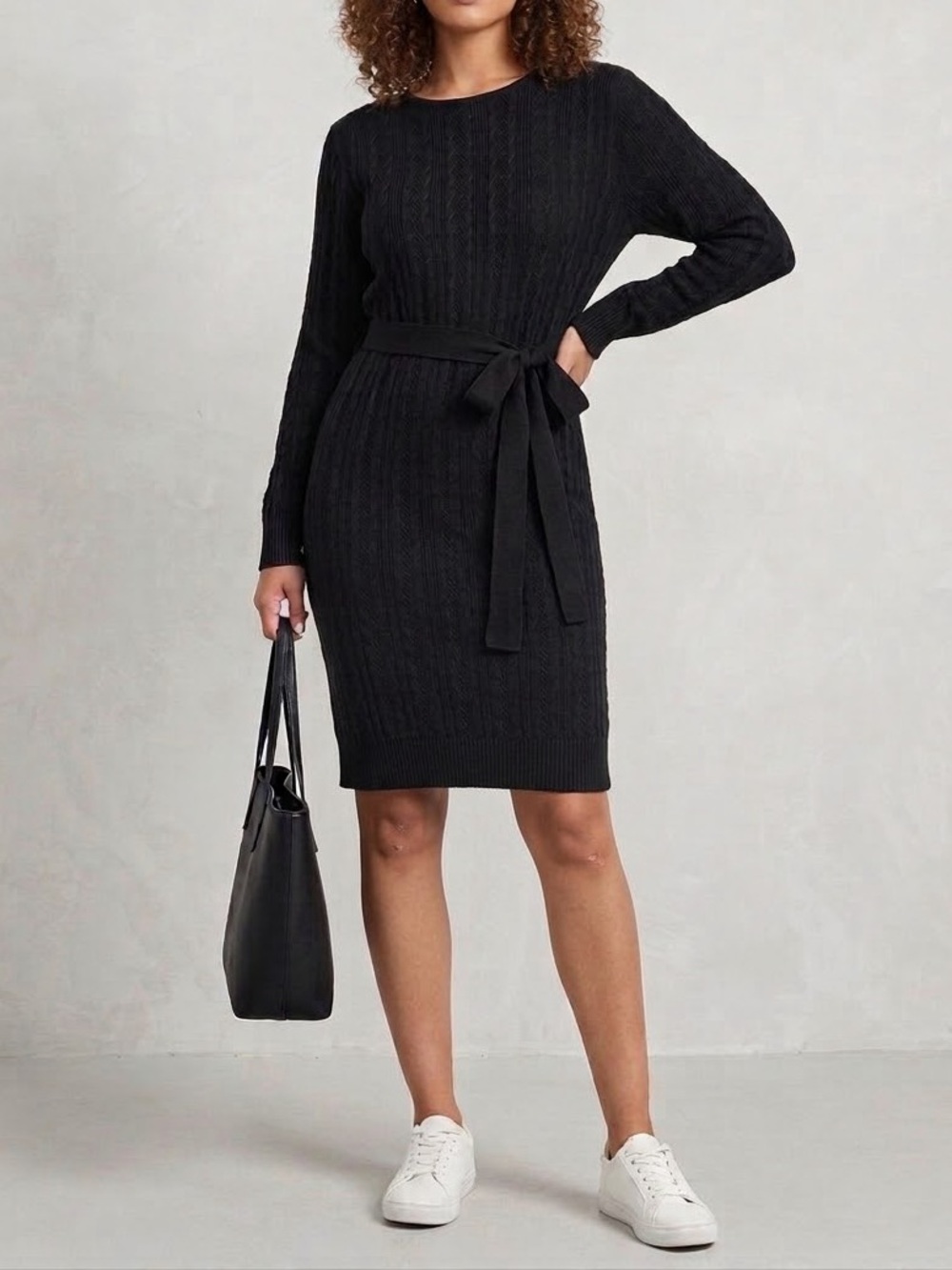 Grace Karin Black Cable-Knit Belted Sweater Dress